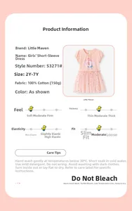 Detailed size chart for pink girls' cotton dress featuring unicorn print and mesh skirt