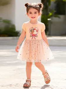 Mädchen Sommer Kurzarm Baumwollkleid Süße Cartoon Katze Herz Druck Patchwork Netz Tutu Prinzessin Kleid Mit Stern Pailletten