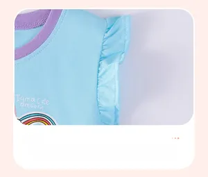 Detail of ruffled sleeves and unicorn print on sky blue girls cotton t-shirt