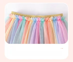 Detail of colorful rainbow tulle tutu skirt with elastic golden sequin waistband