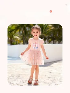 Girl's pink mesh tulle dress with cartoon unicorn print and colorful star sequins