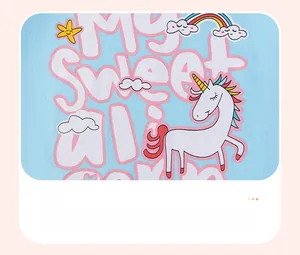 Detail of baby girl top with unicorn and rainbow offset printing and My Sweet Girl text