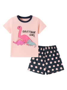 Pink toddler girls dinosaur t-shirt and navy polka dot shorts two-piece summer set