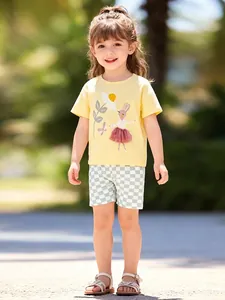Conjunto de Verano Little Maven para Niñas Camiseta de Algodón Amarillo Con Conejo Y Pantalones Cortos a Cuadros Verdes Atuendo Casual