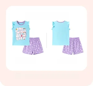 Detail view of summer cotton girls' pajamas set with unicorn print and star shorts