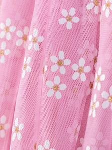 Robe en tulle rose pour fille avec motifs de marguerites blanches et paillettes