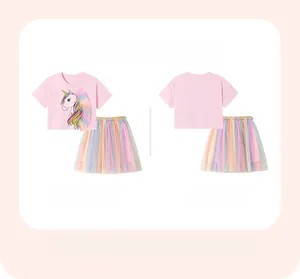 Detailed front and back view of girls pink unicorn t-shirt and rainbow mesh tutu skirt set
