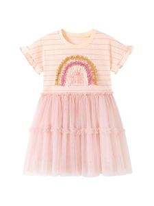 Pink striped cotton dress for girls with rainbow patch and layered mesh tutu skirt