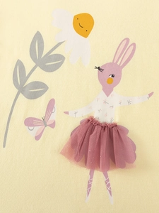 Conjunto de algodón para niña con estampado conejo de ballet y falda de tul 3D