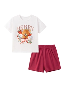Ensemble d'été en coton pour filles avec T-shirt blanc motif ours et short rouge