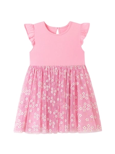 Robe rose pour petite fille avec manches volantées et jupe en tulle à fleurs
