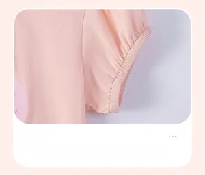 Detail of soft pink elasticated cuffs on a short-sleeved cotton princess dress for girls