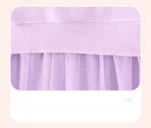 Detailed view of lavender dress hem featuring ribbed knit and fine purple mesh tulle