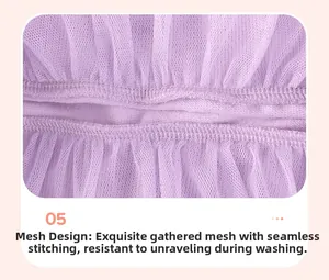 Detailed view of the purple mesh fabric with fine pleated stitching on the girl's dress