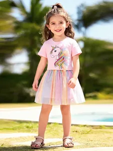Little Maven Toddler Girls Summer Clothing Set Pink Unicorn Short Sleeve T-Shirt Rainbow Mesh Tulle Skirt 2-Piece Outfit