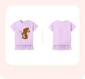 Front and back view of girls lavender cotton dress with plush bunny and mesh hem