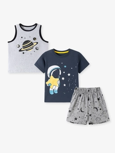 Three-piece boys summer set with astronaut and planet prints on tank, tee, and shorts