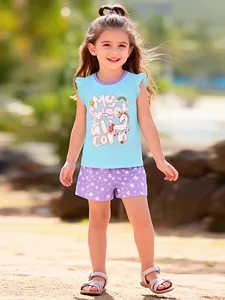 Girls summer cotton set featuring a blue unicorn ruffle top and purple star shorts