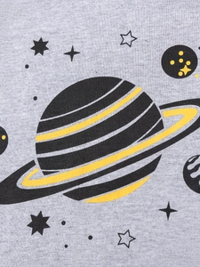 Boys space theme cotton set featuring grey knit fabric and cartoon planet star prints