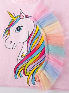 Pink cotton girls top with rainbow tulle 3D unicorn print detail and embroidery