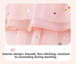Detailed close-up of pink tulle skirt interior featuring fine stitching and star sequins