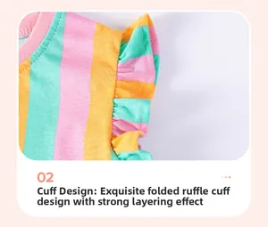 Detail der Rüschenmanschetten mit bunten Querstreifen am Kinder-Set aus Strickbaumwolle