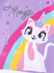 Purple girls summer t-shirt featuring a magic unicorn cat and rainbow graphic design