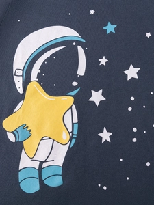 Boys starry sky three-piece set with cartoon astronaut and yellow star on navy knit fabric