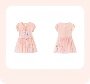 Front and back view of pink girls' princess dress with unicorn print and tulle skirt