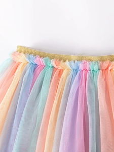 Rainbow tutu skirt for girls with gold glitter waistband and multi-layer colorful mesh