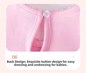 Detailansicht der Rückseite des rosa Babykleids mit Spitzenkragen und Knopf