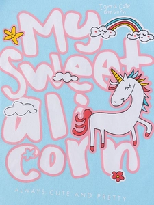 Light blue cotton girl summer set with cute unicorn, rainbow and stars cartoon print