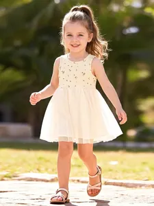 Girls Sleeveless Floral Tulle Mesh Princess Dress Sweet Cotton Summer Patchwork Party Clothes For Toddler Kids