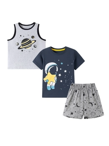 Three-piece boys' summer space exploration set with planet vest, astronaut tee, and shorts