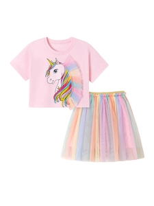 Pink unicorn t-shirt and rainbow mesh skirt summer outfit set for little girls