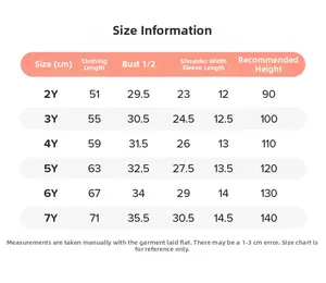 Tableau des tailles pour robe en coton fille de 2 à 7 ans avec mesures détaillées