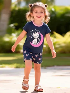 Ensemble T-Shirt en Coton à Manches Courtes et Short pour Filles Bleu Marine avec Imprimé Chat et Lune