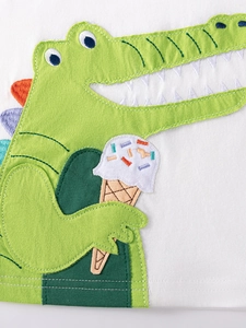 White cotton t-shirt for boys with green crocodile applique and ice cream embroidery