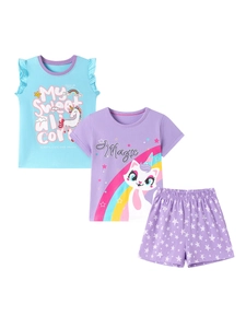 3-piece girls summer pajama set with unicorn vest, cat T-shirt and star print shorts