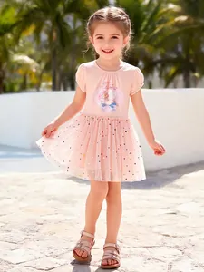 Girls Pink Unicorn Sequin Mesh Dress Cotton Summer Short Sleeve Princess Tutu Dress For Party Casual Children Clothes