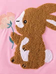 Pink short sleeve dress featuring detailed rabbit embroidery in soft terry cloth applique