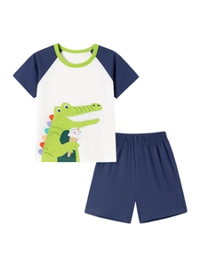 Kids summer cotton set with raglan sleeve t-shirt and cartoon crocodile embroidery