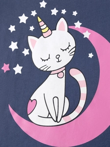 Ensemble été en coton pour fille avec chat licorne mignon assis sur un croissant de lune rose