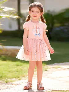 Toddler girl summer princess dress with unicorn print and pink sequin mesh tulle skirt