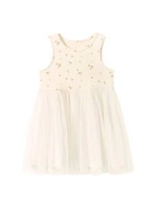 Toddler girl sleeveless summer dress with floral knit top and white mesh tutu skirt