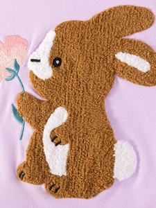 Short sleeve purple dress for girls featuring a 3D bunny applique and flower embroidery