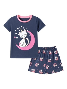 Ensemble pyjama fille en coton bleu marine avec imprimé chat licorne et lune rose