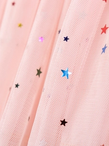 Pink tulle princess dress for girls with colorful metallic star sequins and airy texture