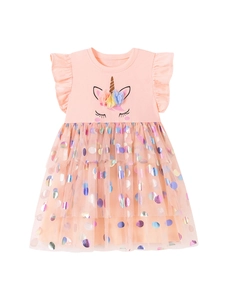 Rosa Einhorn-Tüllkleid für Mädchen mit Blumenakzenten und glitzernden Punkten