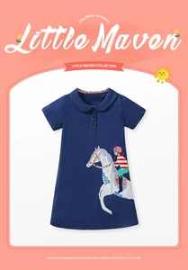 Detail of navy blue girls polo dress with equestrian embroidery and floral trim
